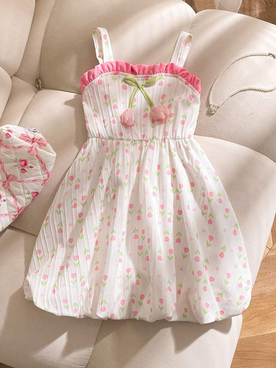 SHEIN 1pc Girls Tulip Print Fabric Collar Ruched Floral Trim Lantern Hem Sleeveless Sweet Simple Casual Vacation Princess Dress - Pink - View 1