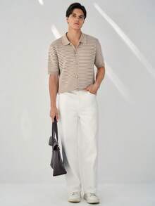 RONVEXI 男士撞色格纹印花纽扣短袖针织上衣 - 彩色 - 查看 5