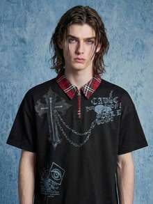 ROMWE MEN Street Life Men's Casual Polo Patchwork T-Shirt - Black - View 8