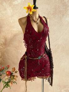 Soleia Women's Sexy V-Neck Spaghetti Strap Tie Backless Sequin Mini Dress, Suitable For Christmas, Date Night, Nightclub, Beach, Cruise, Afternoon Tea, Bohemian, Boho, Vacation - Burgundy - View 3