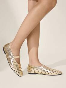 CUCCOO CHICEST Zapatos planos de mujer con puntera redonda, cómodos, tipo Mary Jane, con patrón láser vintage simple, para primavera, vacaciones de primavera, Pascua y Navidad - Dorado - Ver 7