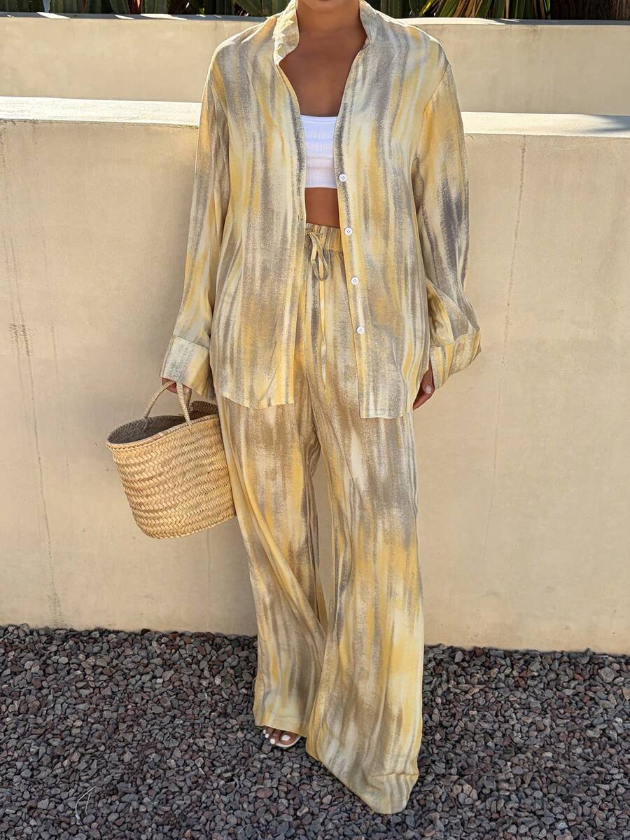 Livesso 2pcs Women's Spring Vacation Tie-Dye Collar Shirt And Casual Pants Set - Beige - View 1