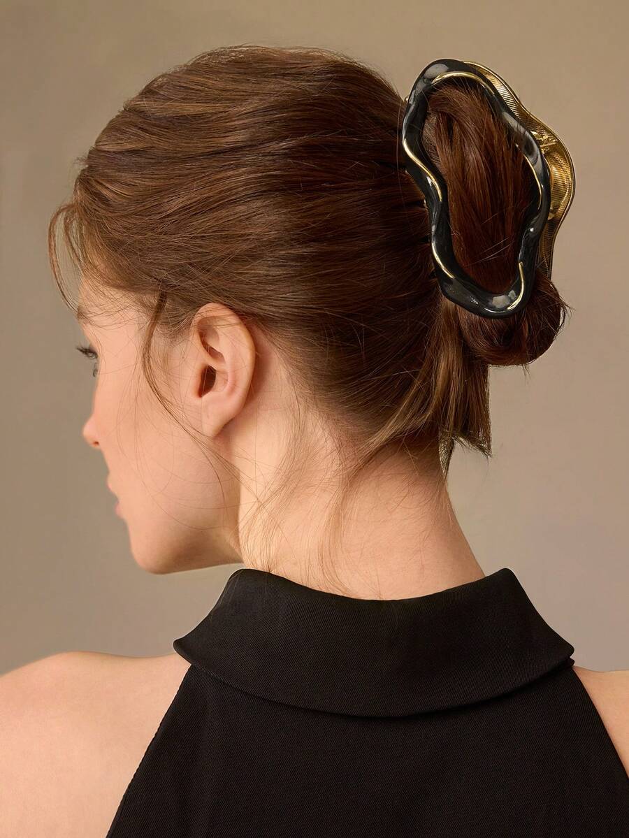 MOTF PREMIUM 镀金镂空不对称黑色滴云发夹 - 黑色 - 查看 2