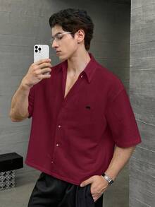 ESTAVOR Men's Casual Fashion Woven Short Sleeve Shirt With Embroidered Polar Bear Design, Suitable For Summer - Red - View 2