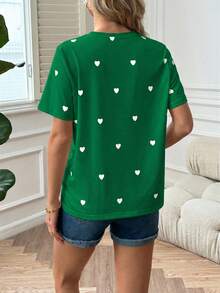 SHEIN 孕妇爱心印花休闲圆领短袖T恤，夏季 - 綠色 - 查看 2