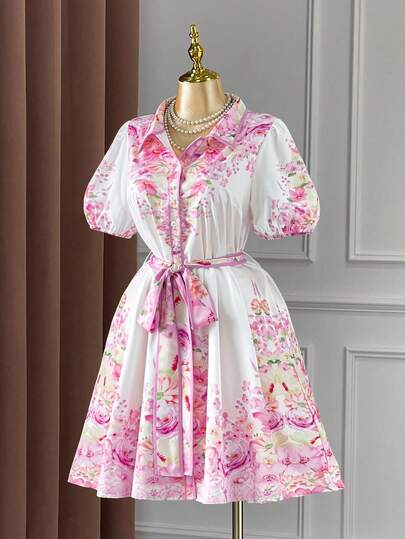 Rometta Plus Size Spring/Summer Petal Sleeve Pink Open Front Ditsy Floral Waist Cinched A-Line Mini Dress, Romantic Countryside Vibe