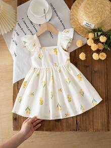 LMoss Kids Vestido con mangas de vuelo con estampado de lazo y bloques de color, vestido de verano floral amarillo para bebé niña, vestido floral amarillo y blanco para bebé niña, vestido floral de primavera para niñas - Amarillo - Ver 3
