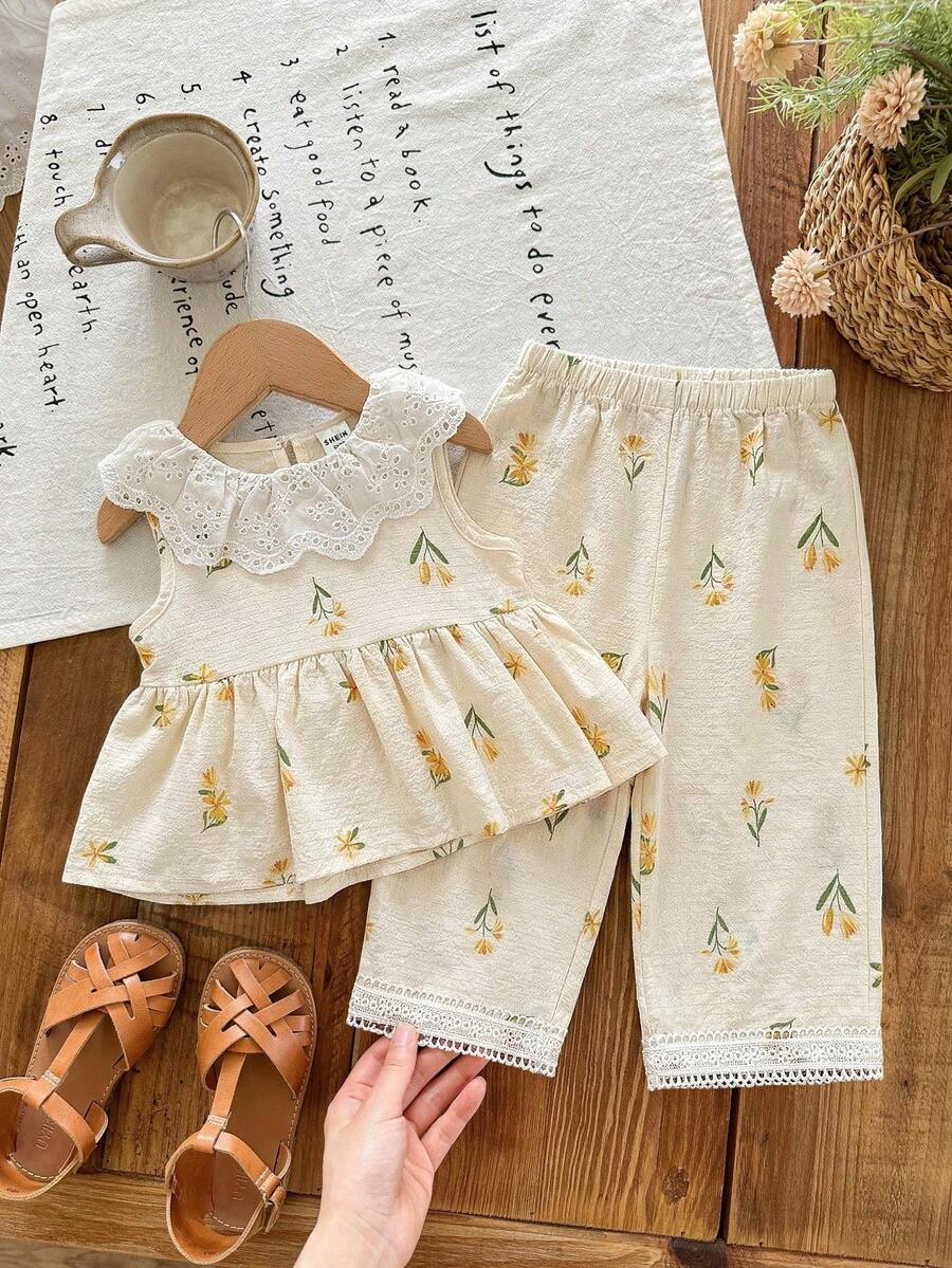 SHEIN Baby Girl Summer Vacation Ditsy Floral Ruffle Hem Top And Pants Set - Multicolor - View 1
