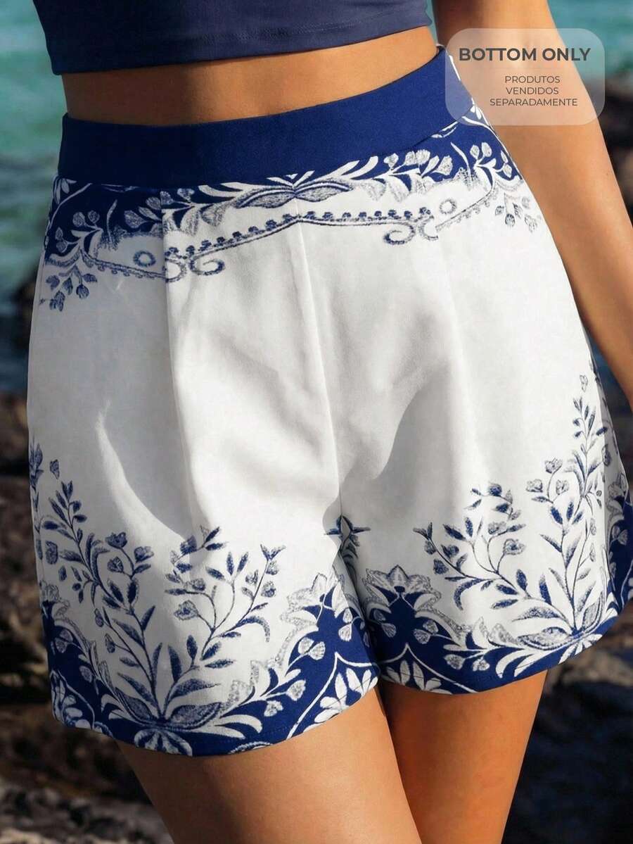 CAJUNI Blue And White Shorts With A Delicate Print, Summer Casual Vacation - Blue and White - View 1