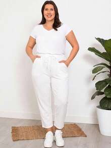 EMERY ROSE Pantalones casuales de unicolor con cordón y bolsillo para mujer talla grande - Blanco - Ver 4