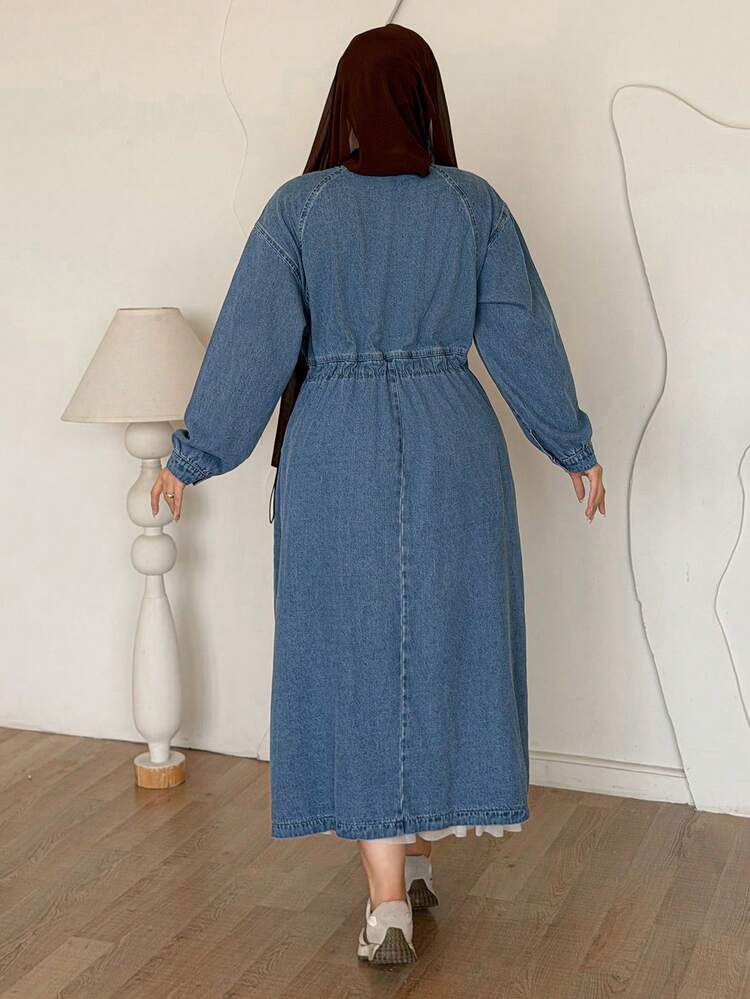 Dazy Plus Solid Color Retro Casual Long Denim Skirt, Waist Cinched, Casual Plus Size Women's Long Sleeve Dress, Spring & Autumn
