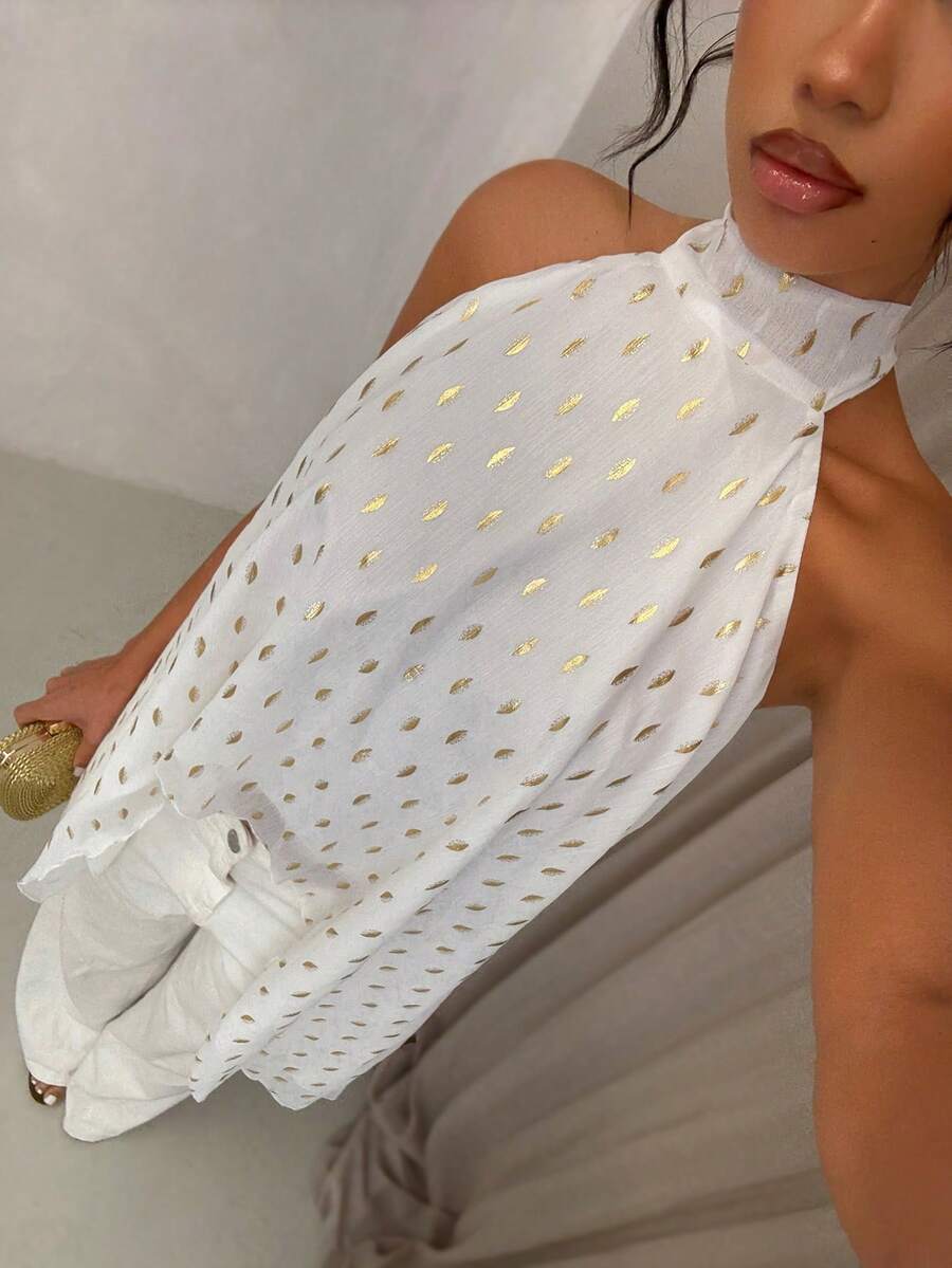 Glamine Áo kiểu nữ phong cách Pháp, chất liệu chiffon, họa tiết lá kim loại ánh kim, viền ren xếp ly có thể tháo rời, kiểu dáng chữ A, in họa tiết toàn thân, thích hợp cho mùa xuân và hè; Áo trắng thanh lịch họa tiết vỏ sò, áo trắng phối vàng, thích hợp cho kỳ nghỉ hè, đi biển; Áo không tay dáng suông, thanh lịch, bất đối xứng, rộng rãi. - Nhiều màu - Xem 1