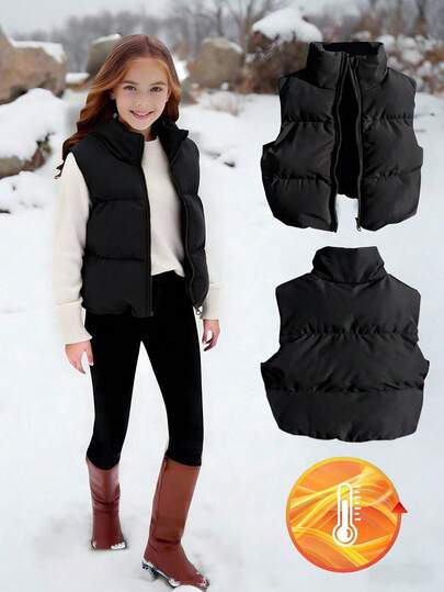 SHEIN Chaleco corto acolchado con cuello alto y cintura ceñida, versátil para otoño/invierno, adecuado para uso casual, de commute y escolar