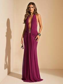 SHEIN BAE Solid Color Halter Deep V-Neck Bodycon Elegant Extra Long Mesh Dress, Feminine Dress, Summer Long Dress, Brunch Dress, Beach Vacation Dress Deep V Dress Sexy Vacation Dress - Purple - View 5