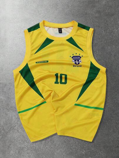 ROMWE MEN 男士 2026 年世界杯休闲春夏运动宽松背心，巴西配色，英文印花