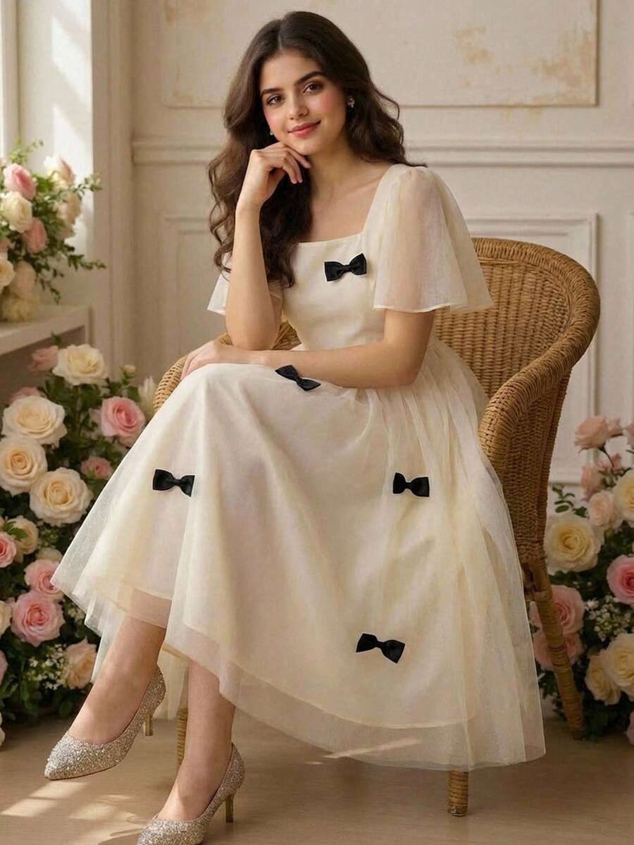 SHEIN Pitira 杏色纯色甜美荷叶边短袖方领蝴蝶结装饰腰部中长连衣裙,适合青少年女孩 - 杏色 - 查看 1