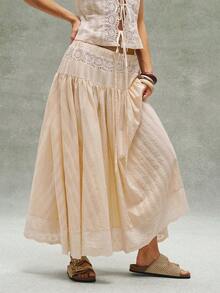 Bohemela Women's Summer Casual Romantic French Style Beachwear Bohemian Country Music Festival Jacquard Woven Patchwork Embroidered A-Line Elastic Waist Loose Long Skirt, A Relaxed And Free-Spirited Style, Fashionable Women's Clothing, Beachwear, Summer Vacation Wear. - Apricot - View 5