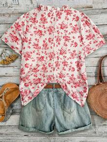 Linhara Summer Fashionable Casual Vacation French Retro Elegant Commuting Ruffled Floral Print Shirt - Pink - View 2