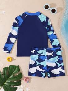 男童鲨鱼印花长袖泳衣套装 - 藏蓝色 - 查看 2