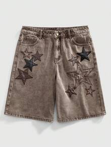 ROMWE MEN Men's Star Embroidery Slant Pocket Casual Versatile Denim Shorts - Brown - View 1