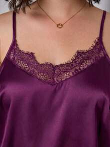 Chikora Plus Size Elegant Solid Color Lace Patchwork Camisole - Purple - View 3