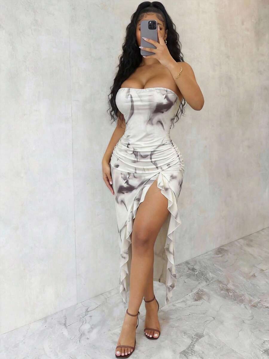 Eryvara Sexy Strapless Dress With Waist Ruching And Asymmetric Hemline - Multicolor - View 1