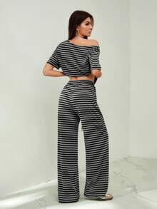 SHEIN Tall Bộ đồ thể thao nữ mùa thu, phong cách đường phố cơ bản, thoải mái hàng ngày, thích hợp đi chơi, tập luyện, gồm áo thun trễ vai kẻ sọc và quần nỉ ống rộng. - màu đen - Xem 3