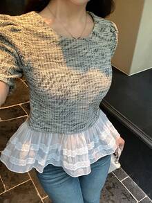 DAZY Women's Round Neck Korean Style Ruffle Trim Short Sleeve T-Shirt Summer - White - View 7