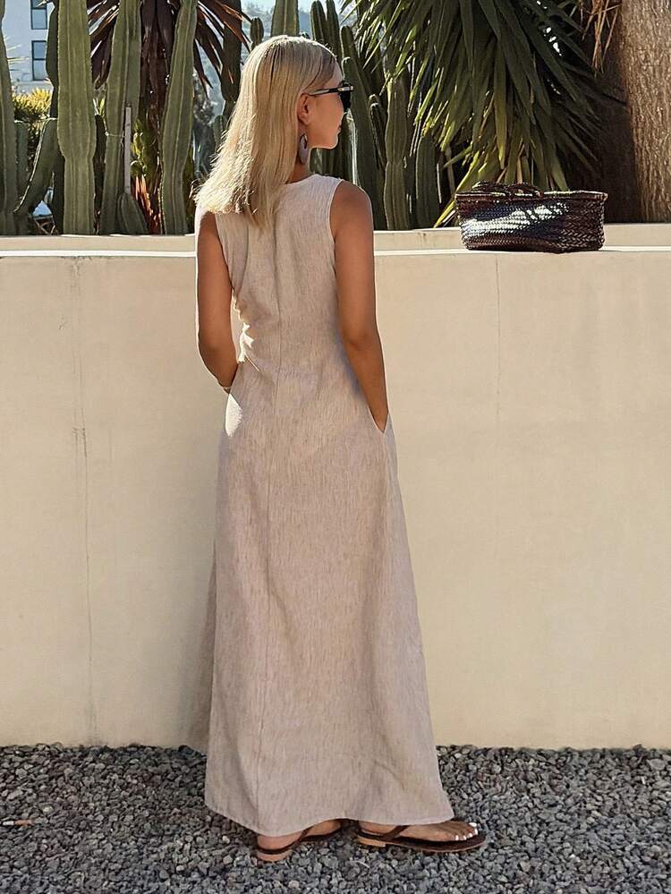 Colorblock Pattern Embroidered Hollow Out Round Neck Sleeveless Dress, Elegant Summer Holiday Dress For Women Sundress