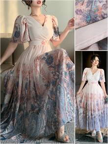 DAZY 女士优雅碎花V领泡泡袖中长连衣裙，夏季吊带裙 - 藍色 - 查看 11