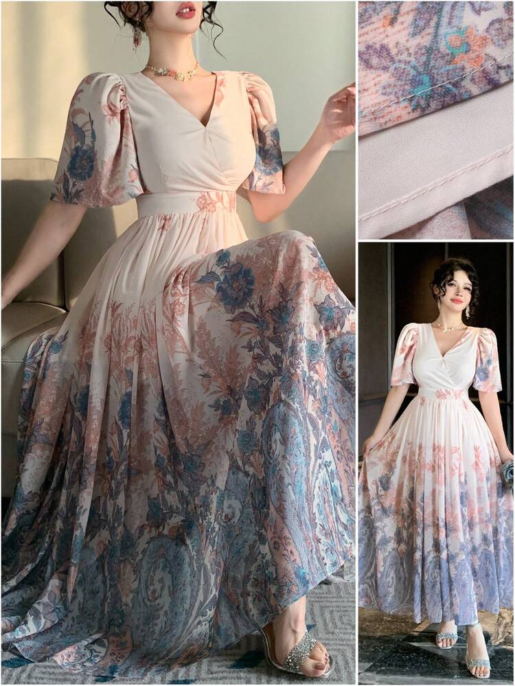 Women's Elegant Floral V-Neck Puff Sleeve Midi Dress, Summer Sundress
