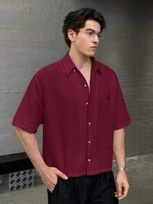 ESTAVOR Men's Casual Fashion Woven Short Sleeve Shirt With Embroidered Polar Bear Design, Suitable For Summer - Red - View 4