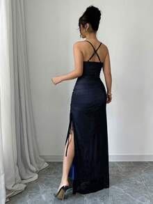 Rafferiza 复古性感网眼高开叉抽绳连衣裙 - 藍色 - 查看 2