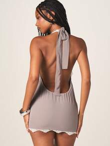 MISSGUIDED Chiffon Halter Neck Mini Dress With Rhinestone Studded Details And Delicate Lace Trim Edges Backless Party Bodycon Evening - Grey - View 3