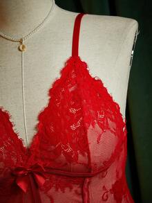 SpicyHot Plus Size Red Lace Crotchless Bodysuit Lingerie For Women,Summer Curve Bow Decor Sheer Teddy Set,Body Suit - Red - View 8
