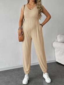 SHEIN Maternity Solid Shirred Sleeveless Jumpsuit, Casual Summer - Camel - View 5