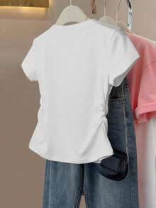 Tween Girls Cute Butterfly Print Short Sleeve T-Shirt, Ruched Waist Slim Fit White All-Match Versatile Top - Multicolor - View 2