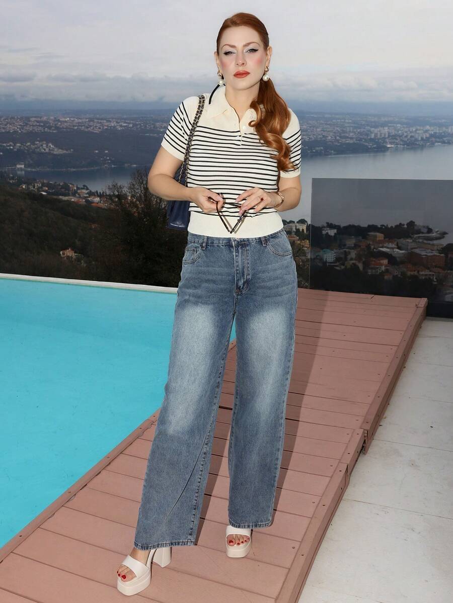 Gretanique 女士時尚高腰簡約設計直筒寬腳牛仔褲 - 深色水洗藍 - 查看 1