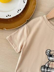 SHEIN Set de tricou și pantaloni scurți cu mânecă scurtă, casual, de vară pentru bebeluși și fetițe, cu imprimeu de ursuleți, stil carouri, casual - Multicolor - Vizualizare 3