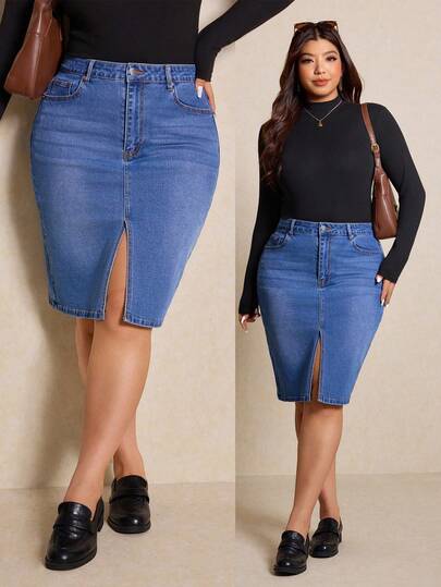 Elaquor Plus-Size Blue Denim Mini Skirt, High-Waisted Midi Skirt, Elegant Plus-Size Women's Casual Style.