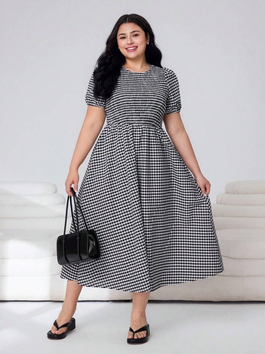 Solflare 大码女式夏季休闲通勤格纹印花花瓣袖褶皱腰身中长连衣裙 - 彩色 - 查看 1