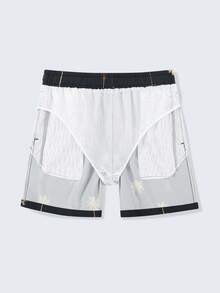 Manfinity Swimmode 男士植物印花斜插口袋抽绳腰休闲度假沙滩短裤 - 黑色 - 查看 5