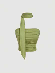 SHEIN MOD Set de 3 piezas de top corto de punto ajustado con volantes y tirantes de bufanda para mujeres - Verde militar - Ver 5