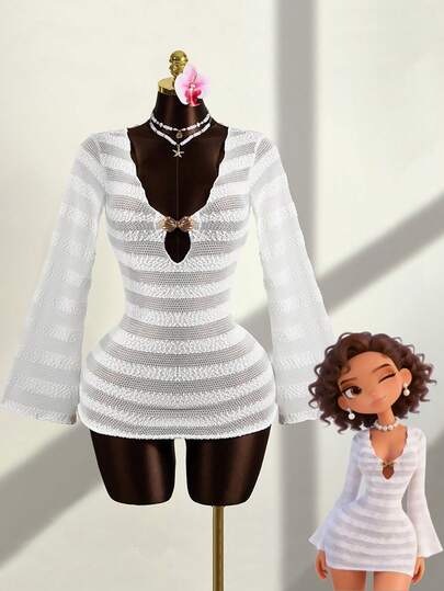 Zestiva 1pc Women's Swimsuit Cover Up, Sexy Vacation Mature Retro Romantic Elegant Style, Shell Decor Hollow Out Bust Design, Waist Cinching Uplift Bust, White Sheer Fabric, Bohemian Beach Club