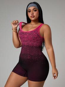 SHEIN Sports 大码女式极简修身休闲粉黑无缝运动连体裤，露背U领紧身七分短裤连体衣 - 黑色 - 查看 5