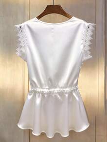 GlowEve Women's Elegant Casual V-Neck Patchwork Lace Drawstring Waist Blouse - White - View 2