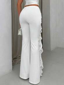 SHEIN Glamour Quần dài nữ màu trắng thanh lịch, dáng ôm, phối ren, xếp ly, thích hợp cho kỳ nghỉ xuân/hè, kỳ nghỉ biển, kỳ nghỉ hè cho nữ, quần ống loe, quần trắng nữ, quần ống rộng màu trắng. - trắng - Xem 2