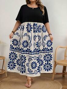 SHEIN CURVE+ Curve 加大码 US22 音乐节、海滨度假、波西米亚风 CURVE PLUS / / 女士夏季印花拼接连衣裙，波西米亚风海滩度假装，热带印花收腰 A 字长裙 - 彩色 - 查看 4