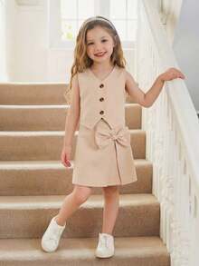 Elladie kids 两件套女童卡其色无袖独特设计背心上衣和不对称蝴蝶结装饰半裙套装，时尚通勤装，优雅儿童夏季裙装套装，女童中性连衣裙，裸色连衣裙，女童半裙两件套，儿童小女孩米色连衣裙，女童蝴蝶结连衣裙，女童杏色连衣裙 - 卡其色 - 查看 3