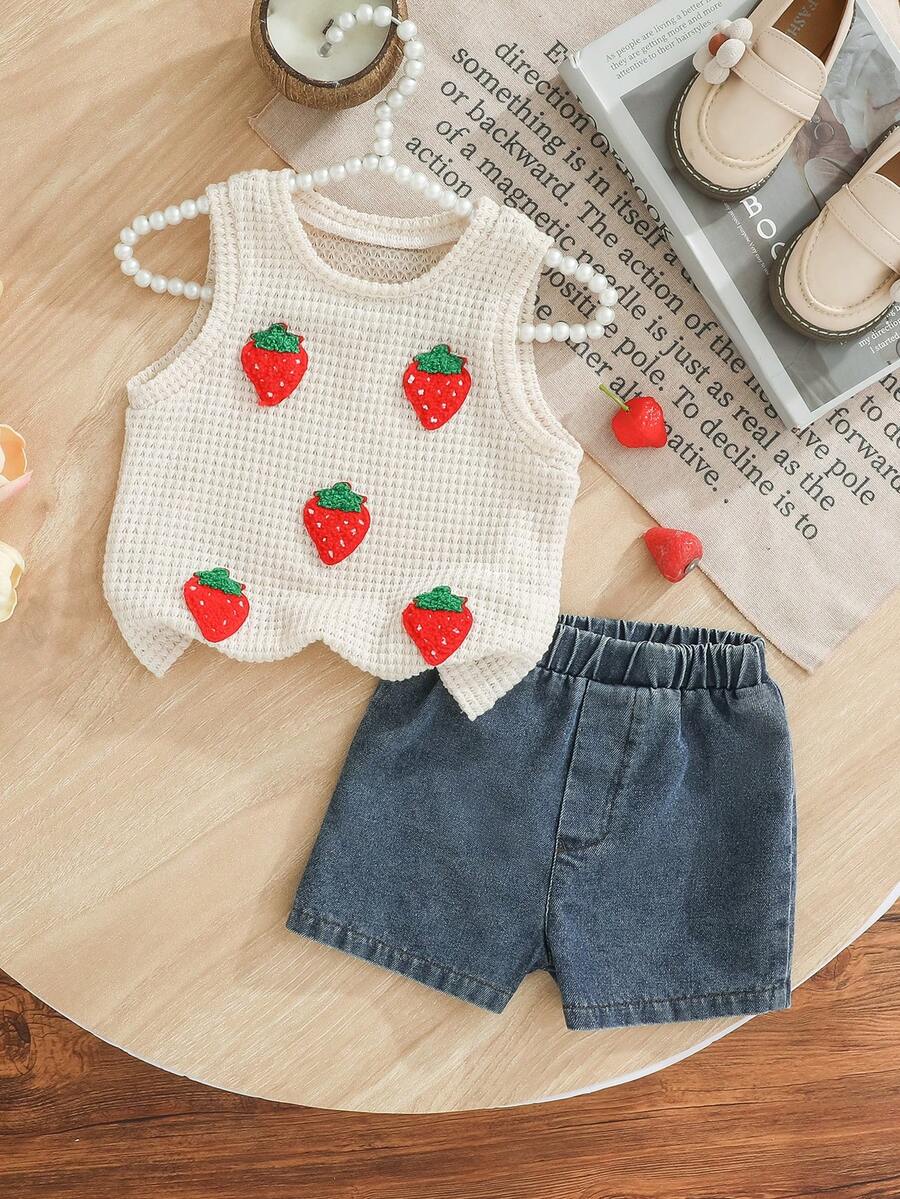 Cozy Pixies 2pcs/Set Baby GirlSummer White Knit Jacquard Strawberry Vest & Elastic Waist Denim Shorts Outfit - Multicolor - View 1
